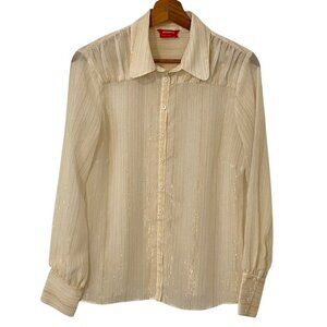 Dorothee Bis Button Up Shirt  Womens Size M Gold Metallic Stripes Semi Sheer